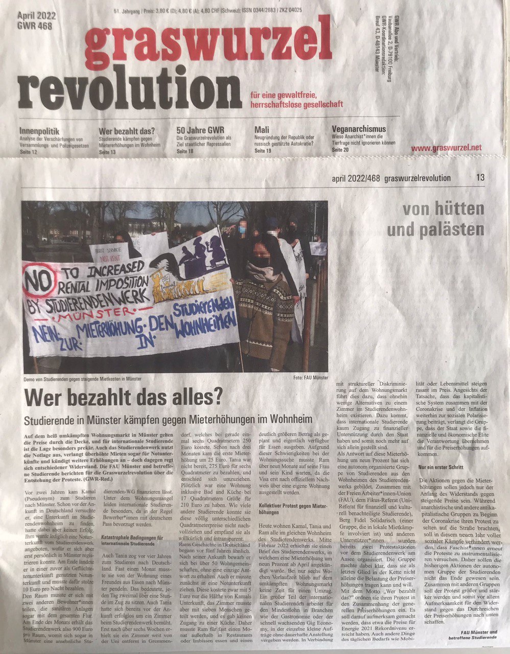 Published article in Graswurzelrevolution April 2022 issue about rent increase fight and systemic discrimination of studierendenwerk.