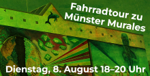 Ein grün durchwirktes Foto eines bunten Wandbildes mit der Beschriftung "Fahrradtour zu Müntsers Murales. Dienstag, 8. August 18-20 Uhr"