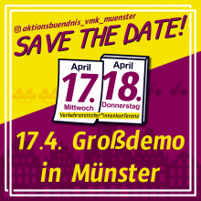 Bildlicher Kalendereintrag, der die Tage 17 und 18 april zeigt. Darüber die Worte "Save the date" und darunter "17.04. Großdemo"