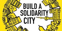 Stadtsilouette in einem Kreis. Schrift: Build a Solidarity City