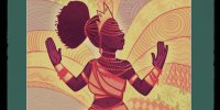Der Veranstaltungsflyer für "Die Geschichte des brasilianischen Kolonialismus und sein Schwarzer Widerstand" zeigt eine schwarz gelesene Frau, die auf buntem Hintergrund tanzend wirkt. Gleichzeitig weckt die Positionierung der Kleidung und des Schmucks über Augen und Händen auch Assoziationen an die gewaltsame Verschleppung von Menschen aus Afrika zu Zwecken der Sklaverei.